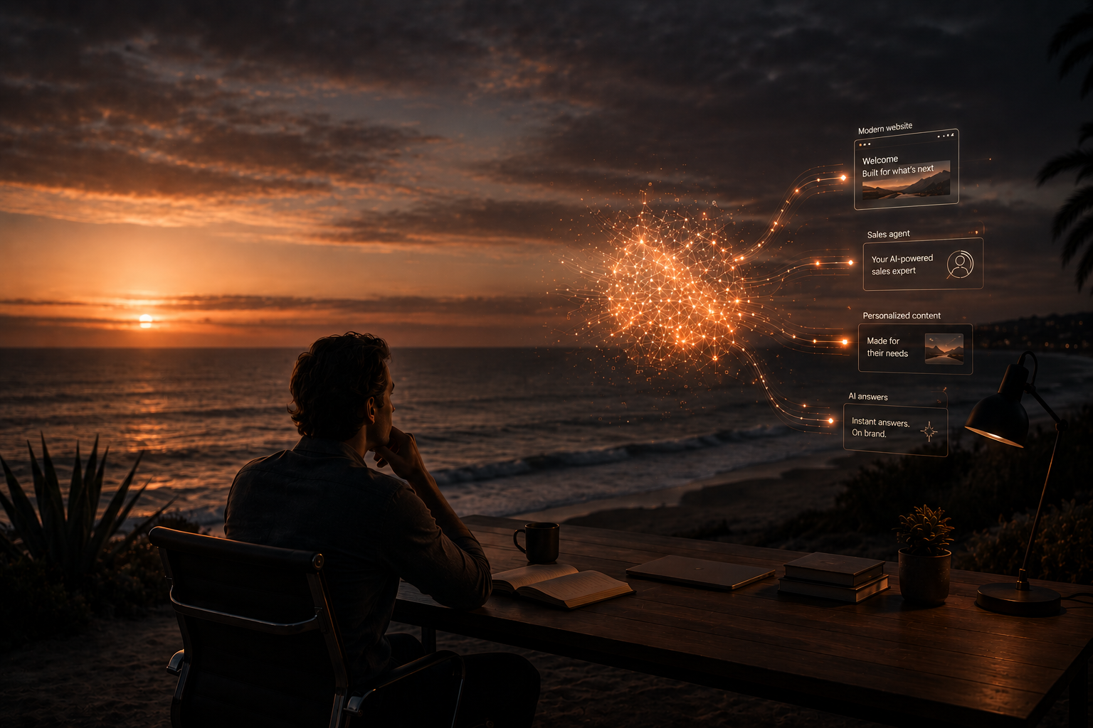 A person at a desk overlooking an ocean sunset, with a glowing network of brand knowledge streams connecting content sources to AI-powered experiences